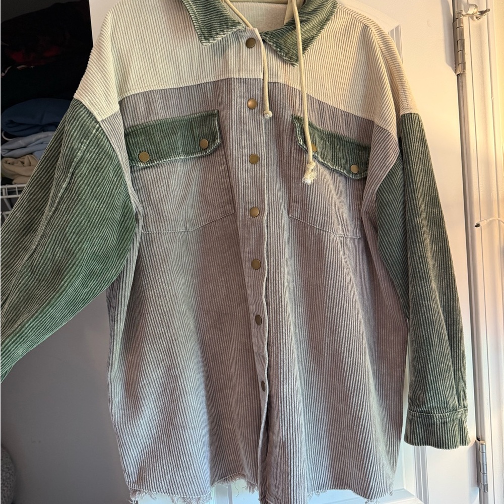 SHEIN Corduroy Jacket in Green and Gray